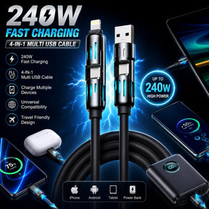 240W High Power 4-in-1 Multi USB Fast Charging Cable – Universal Charger for iPhone, Android, Tablets & Power Banks