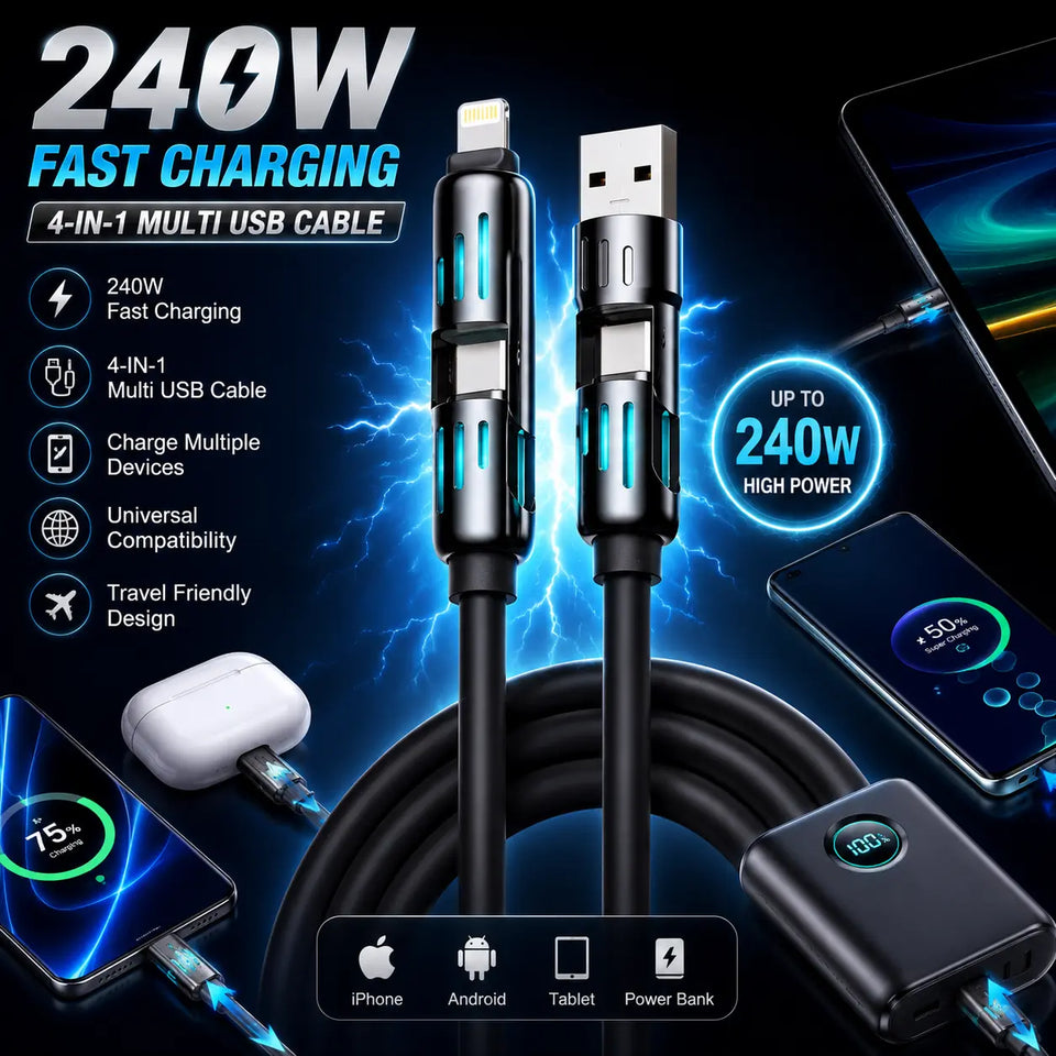 240W High Power 4-in-1 Multi USB Fast Charging Cable – Universal Charger for iPhone, Android, Tablets & Power Banks