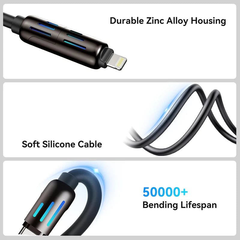 240W High Power 4-in-1 Multi USB Fast Charging Cable – Universal Charger for iPhone, Android, Tablets & Power Banks