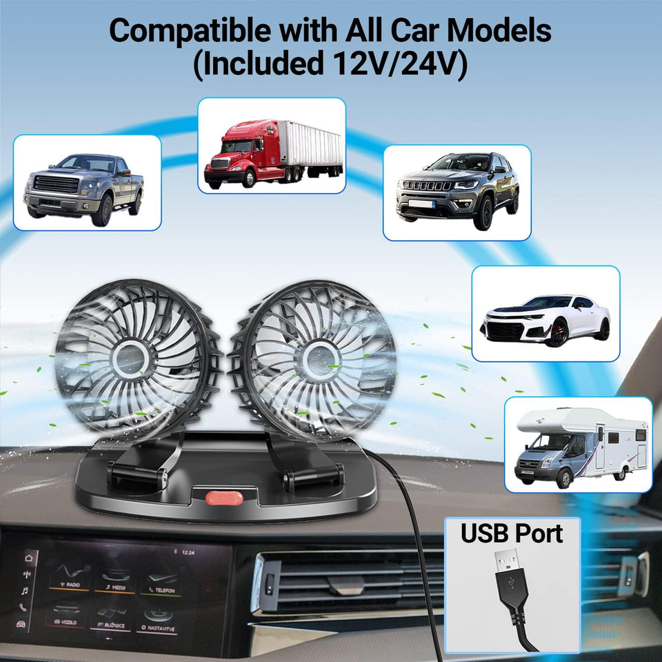 Portable USB Cooling Fan — 360° Adjustable Dual Head | Car & Desktop