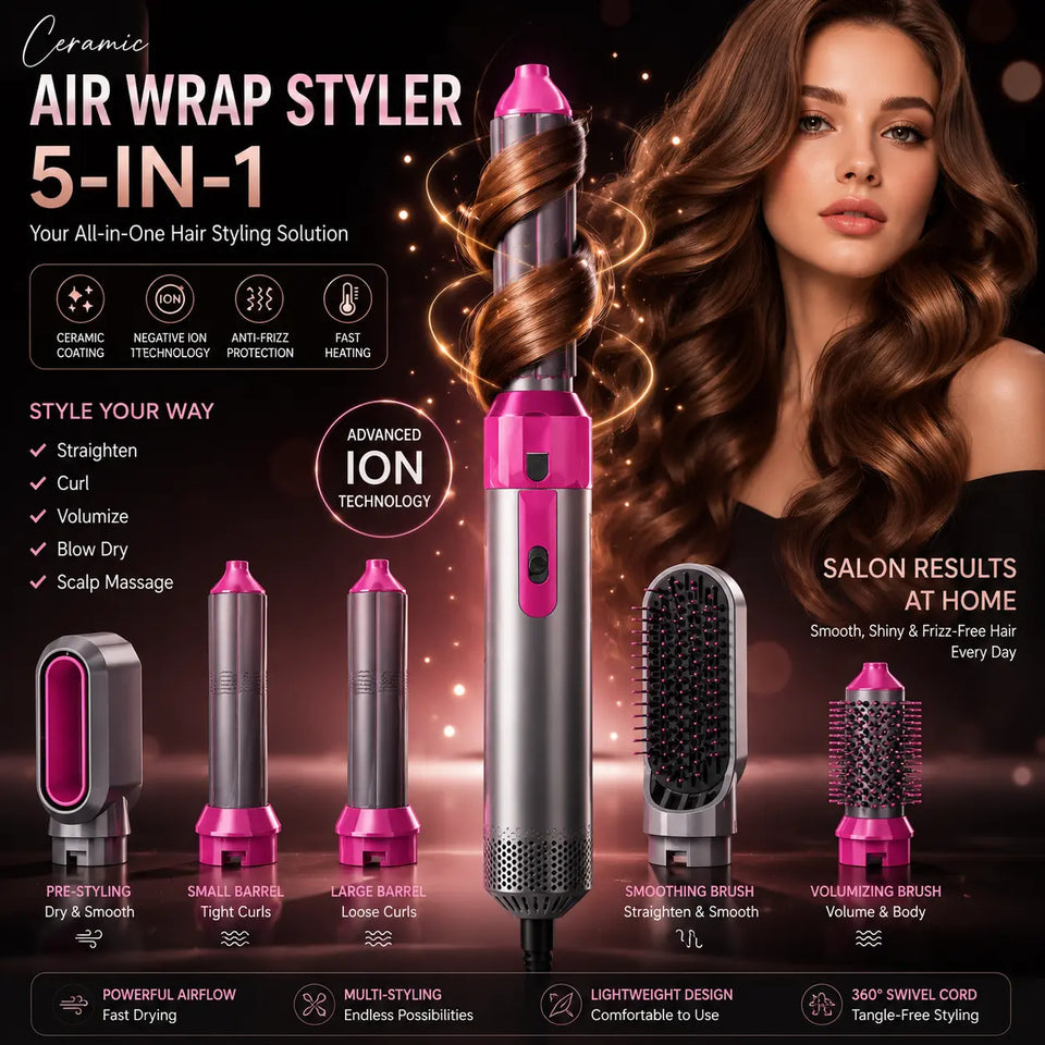 5-in-1 Ceramic Air Wrap Styler Hair Dryer Brush – Curling, Straightening, Volumizing & Blow Drying Tool